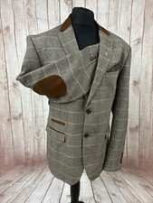 Marc Darcy Tweed Jacket Blazer DX7 Tan Velvet Elbow Patch Herringbone 44 46 Mens