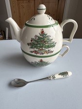 Spode Teapot Christmas Tree Tea For One Porcelain Set With Teaspoon - Used