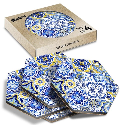 Hexagon mdf coaster - blue, &
