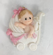 New Born Baby Girl Pink Bow Stroller Refrigerator Magnet Porcelain 3” x 3”