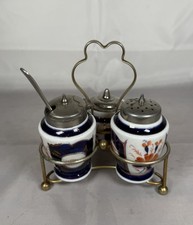 Vintage Imari Style Condiment Set with Stand - EPNS Topped