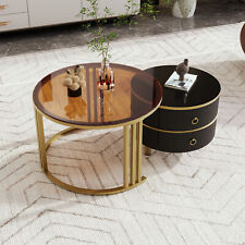 Nest of Tables Set of 2 Hard Glass Coffee Stacking Side End Table 2 Drawer Black