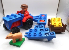 VINTAGE LEGO DUPLO FARMER, FARM TRACTOR, ROLLER, PLOUGH, PIGLET & FOOD