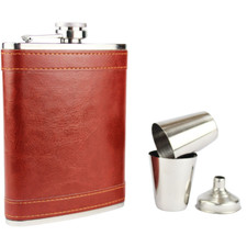 Hip Flask 8oz Stainless Steel Rust Leather Brown Flask - 2 Cups and Funnel