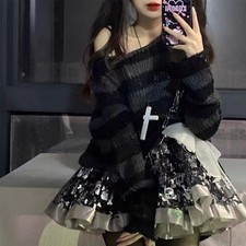 Punk Gothic Cropped Sweater for Women Long Sleeve Striped Hollow Out Loose Top