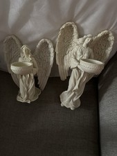 PAIR V PRETTY ANGEL TEALIGHT CANDLE HOLDERS WITH IRIDESCENT GLITTERY WINGS