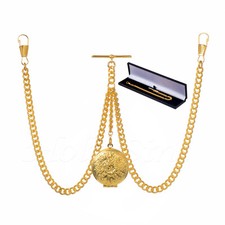 Brand New Gold Colour Double Albert Pocket Watch Fob Chain With Locket Pendant