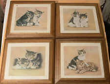 4 Vintage Colin Bradley Cat Prints on Shaped Plywood Wall Plaques 19cm x 16.3cm
