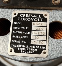 Variable transformer Variac Mains Multi taps Cressall Torovolt. Model 66zt 10amp