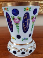 Antique Bohemian Czech Glass Hand Painted White to Blue Layered Cut Glass Vase
