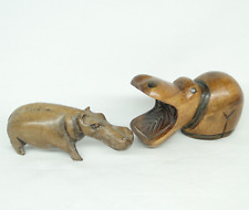 2 Vintage wooden yawning hippo