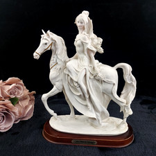 The White Lady Figurine Elegant Matte Bisque Horseback Rider on Wood Base 12"