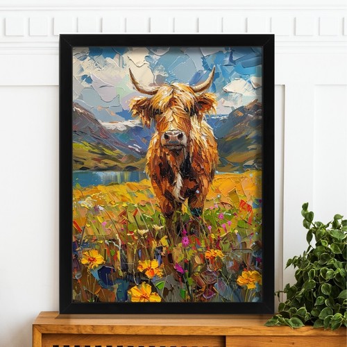 Highland cow painting - cow, flower