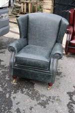 High Back Wing Chair Real Leather CrackedWax Black With Hint Of Green ExDisplay