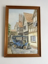 Wooden Frame Watercolour Art Classic Car in Village Signed R. A. Robinson