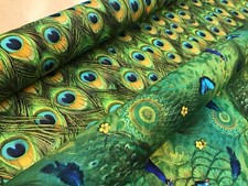 Peacock Curtain Upholstery Cotton Fabric Material - 140cm wide GREEN DIGITAL