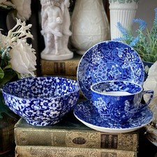 Blue & White Chintz Teacup Saucers ‘May Flower’ & Victorian Bowl - Farmhouse VGC