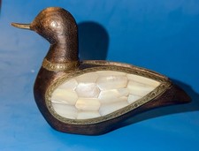 Vintage Duck Figurine in Wood Mother-of-Pearl and Brass