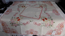 VINTAGE SPANISH / CANARY ISLANDS EMBROIDERED XMAS TABLECLOTH + 4 NAPKINS