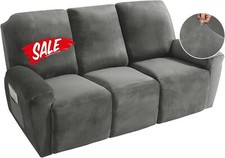 MAXIJIN 8-Piece Recliner Sofa Cover, Stretch Velvet, 3-Seater (Dark Grey)RRP £89