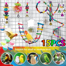 15 PCS Parrot Toys Set Metal Rope Ladder Small Stand Budgie Cockatiel Cage Bird