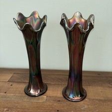 Vintage Fenton Carnival Glass Pair of Trumpet Vases– Iridescent Flared Ruffle W