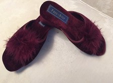 Lovely Vintage Free Step Burgundy Velvet Fluffy Feather Top Open Slippers Size 4