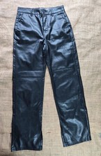 Bershka Black Faux Leather Trousers with Split Hem, Size S - UK 8