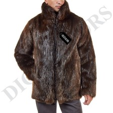 Men’s Dark Brown Beaver Fur Coat Real Fur Overcoat Handmade Warm Winter Jacket