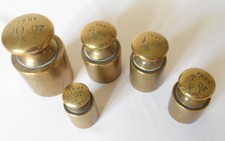 Set of 5 Vintage, Brass, British, Scale Weights. Troy oz. Cylinder/ Churn shape.