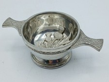 EDWIN BLYDE of Sheffield polished pewter Celtic quaich, thistle decoration 