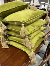Green Cotton Velvet & Silk Tassel Cushions - Handmade in Buckinghamshire