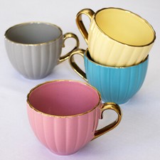 Set Of 4 Scalloped Cappuccino Cups 300ml Chrome Gold Rim & Handle Coffee Mugs