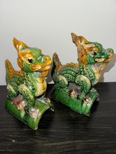 Pair of Ceramic Glazed Chinese Dragon Roof Tiles