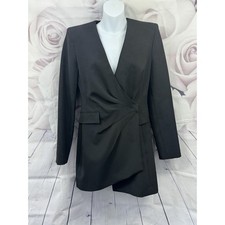 Zara Woman's Blazer Jacket Size M 10 Black Asymmetric Padded Shoulders Ruched