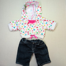 Build-A-Bear White Rainbow Heart Print Hoodie Top & Denim Jeans Outfit