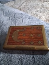 Wooden Brown Box With Lid & Intricate Brass Stars & Moon .