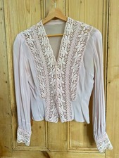 1940s Pink Chiffon Blouse With Lace And Pearl Buttons / Vintage Top