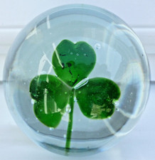 Hand Blown Glass ORB PAPERWEIGHT - 3 Leaf Clover - 2 3/4" Diameter