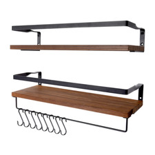 2Pcs Wooden Floating Wall  Shelves Display Storage Decor Rustic With Hooks Home