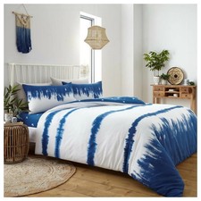 Tie Dye Tassel Trim Blue Duvet Quilt Cover & Pillowcase Polycotton Bedding Set