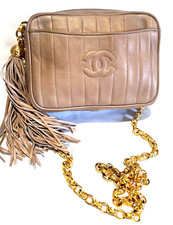 Authentic CHANEL Taupe Matelasse Lambskin Fringe Gold Plated Link Chain & Charm