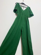 Zara Green Long Wide Leg Linen Blend Rustic Jumpsuit Pocket Size Small 