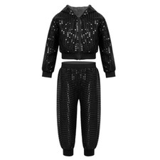 UK Boys Girls Jazz Dance Costume Sequins Hip Hop Street Dance Jacket w/Pants
