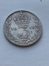1916 King George V Sterling Silver Threepence Three Pence 3p 3d Light Circulatio