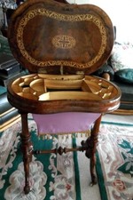 VICTORIAN INLAID BURR WALNUT SEWING /WORK BOX- CARVED LEG & STRUT.WHITE CASTORS