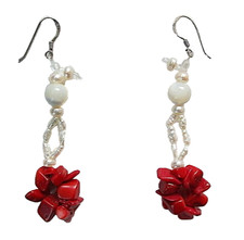 Real red coral chips freshwater rice pearls agate gem 925 silver floral earrings