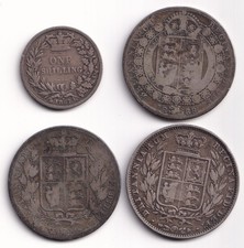 4 Queen Victoria Silver Coins Shilling 1s 1867, Half Crown 2/6d 1850, 1883, 1889