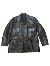 Mens Dark Brown Leather Jacket Button Up Chest & Side Pockets Size L Classic