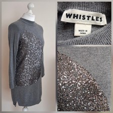BNWOT - WHISTLES size S / 8 - 10 Grey - 100% WOOL - Long Slv Sequin Jumper Dress